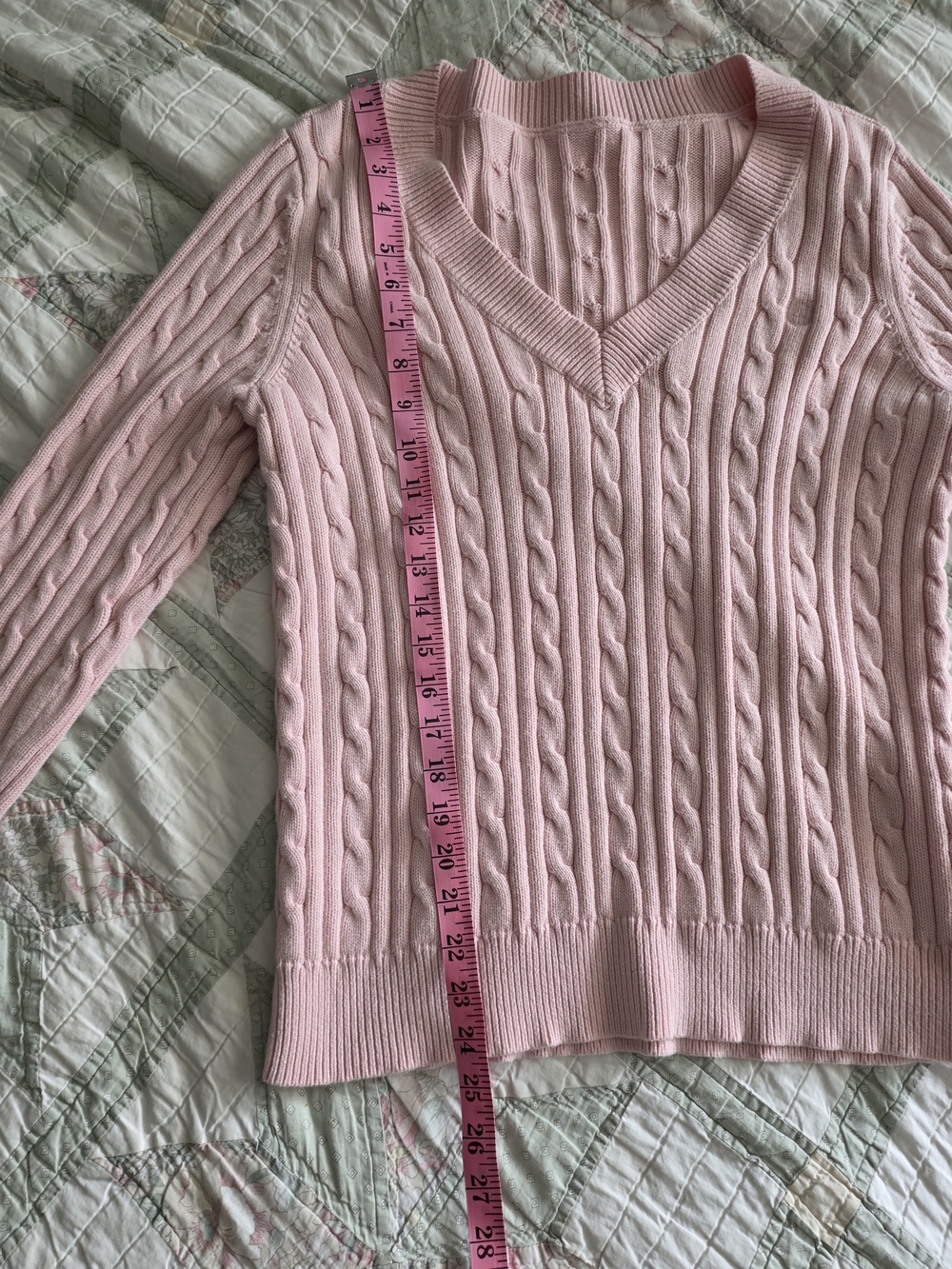 Chaps Pink Cable-Knit V-Neck Sweater - Picture 4 of 6